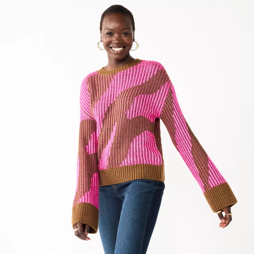 Nine West Pink And Brown Patterned Crewneck Sweater Size Xs/S